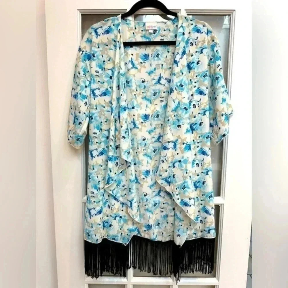 LuLaRoe | Monroe Watercolor Blue Taupe Floral Black Fringe Kimono Coverup Size S